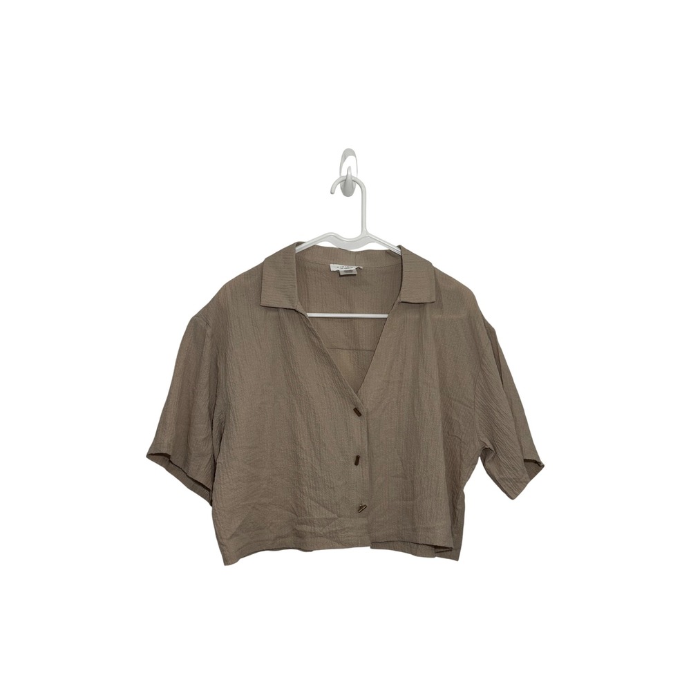 Kirious‎ Los Angeles Women Taupe Brown Textured Cropped Short Sleeve Button Up L